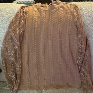 Tan colored sweater with lace sleeves
